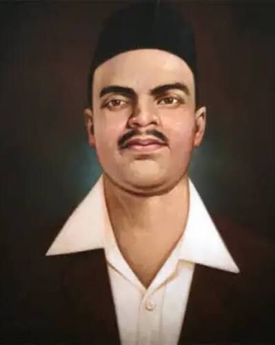 Painted portrait of Shivaram Rajguru in a black cap and brown jacket over a white open collar, against a dark background